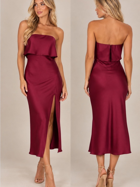 Petal & Pup Dresses & Skirts - Petal & Pup Strapless Wine Red Midi Dress with Front Slit
